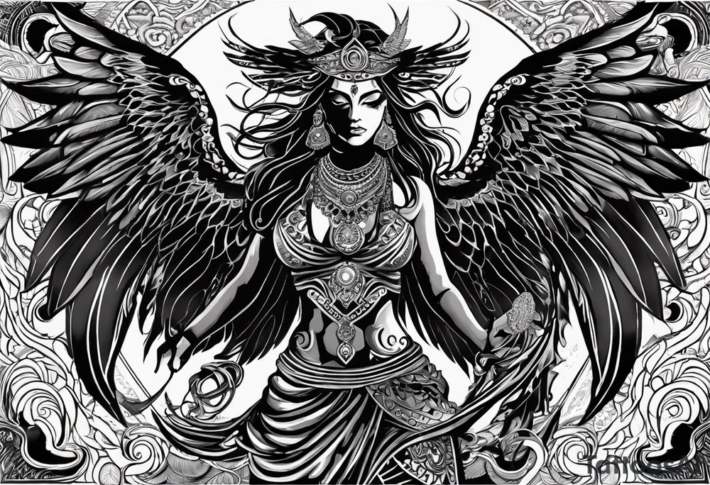 black kali, goddess pirate, alien, angel, pachamama, valkrye, warrior, flying, skull, lotus azul, wing, eagle, zenza resonance, stars, 5D, anahata chakra, death, durga, riding on a tiger, flying lady tattoo idea