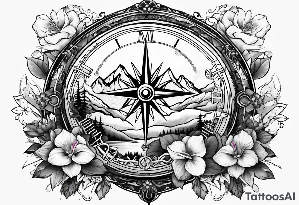 Compass with mountains and moons and flowers like roses or orchids tattoo idea