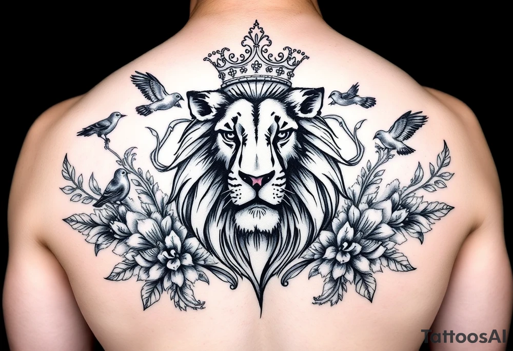 powerful majestic lion with a crown, surrounded by floral ornaments and birds tattoo idea