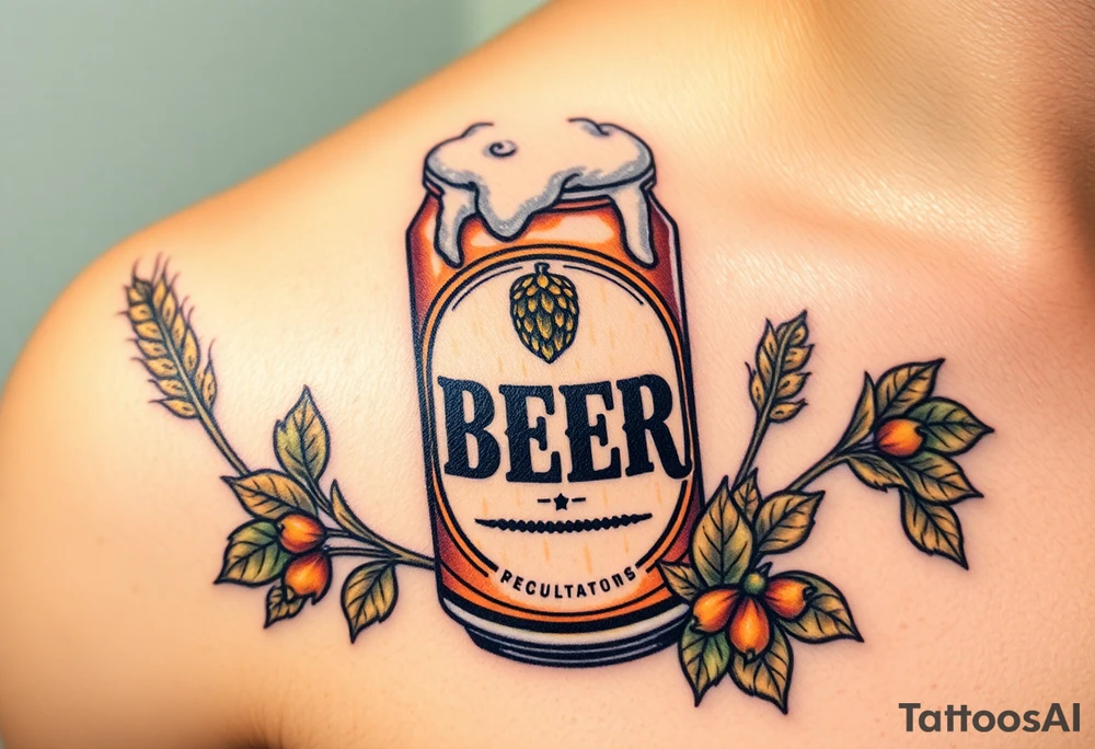 A vintage-style beer can with a retro label, featuring bold typography, a golden hop emblem, and subtle weathered textures. The can is slightly tilted, with frothy foam dripping over the top, and surrounded by barley stalks and hop vines in warm amber, deep green, and rustic brown tones tattoo idea