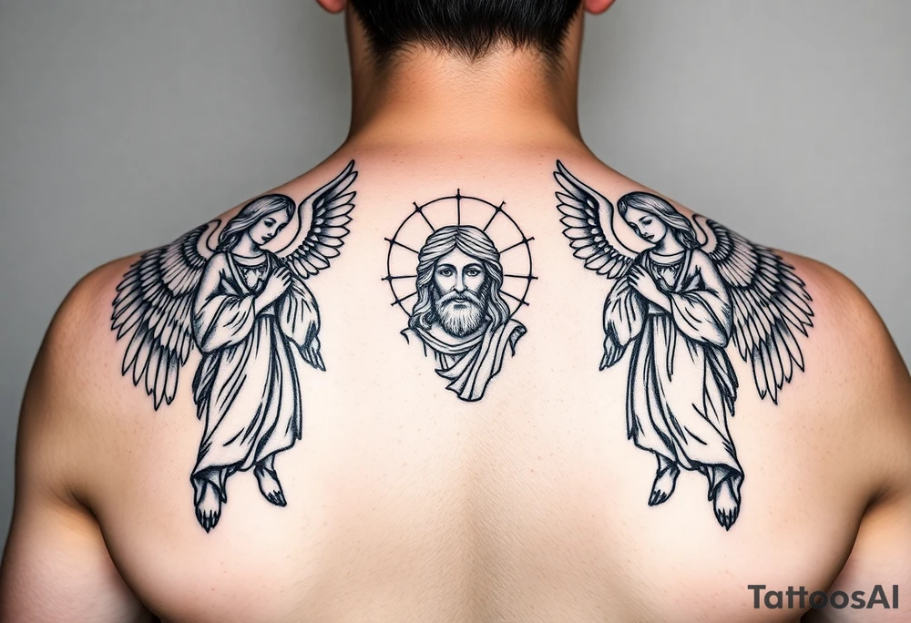 russian orthodox symmetrical guardian angel icon on left and right side of back with both angels holding up a jesus potrait tattoo idea