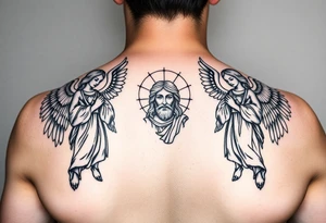 russian orthodox symmetrical guardian angel icon on left and right side of back with both angels holding up a jesus potrait tattoo idea