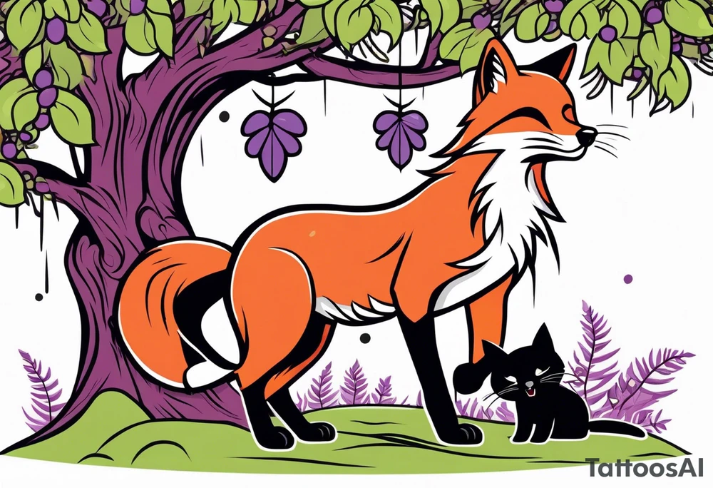 A red fox playing with a black cat underneath a weeping willow tree with purple and green leaves tattoo idea