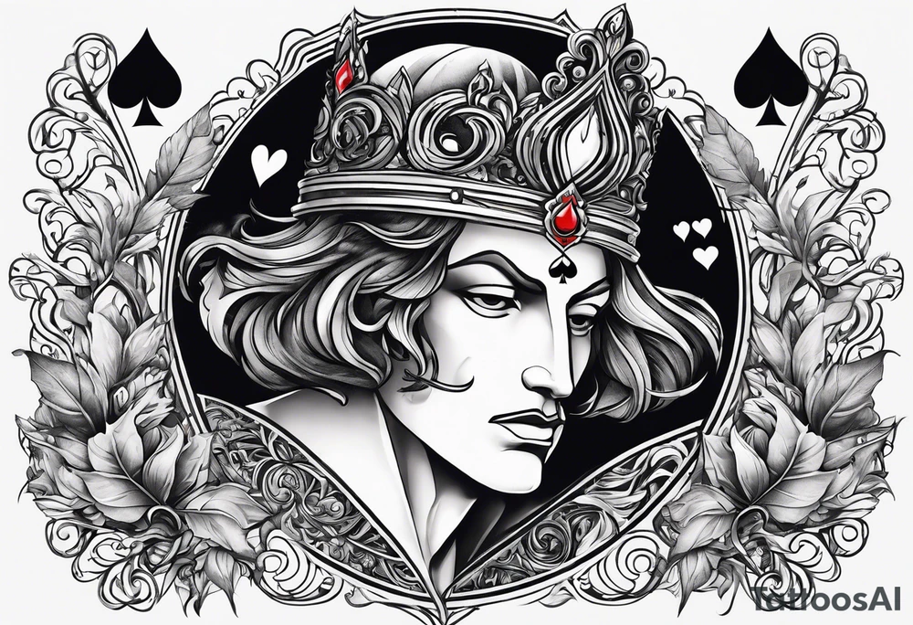 A right side of neck, tattoo of the king of hearts with the Ace of spades behind it and an enchanted leaves around the cards tattoo idea