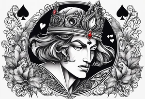 A right side of neck, tattoo of the king of hearts with the Ace of spades behind it and an enchanted leaves around the cards tattoo idea