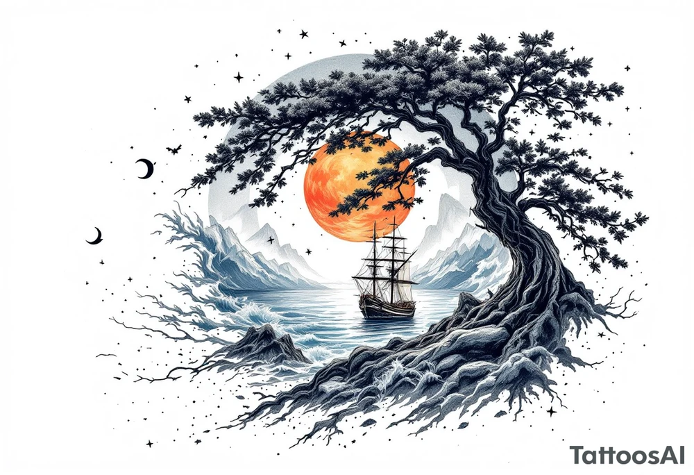 tattoo that has an acacia tree with mountains, ocean with a ship wreck and the northern star tattoo idea