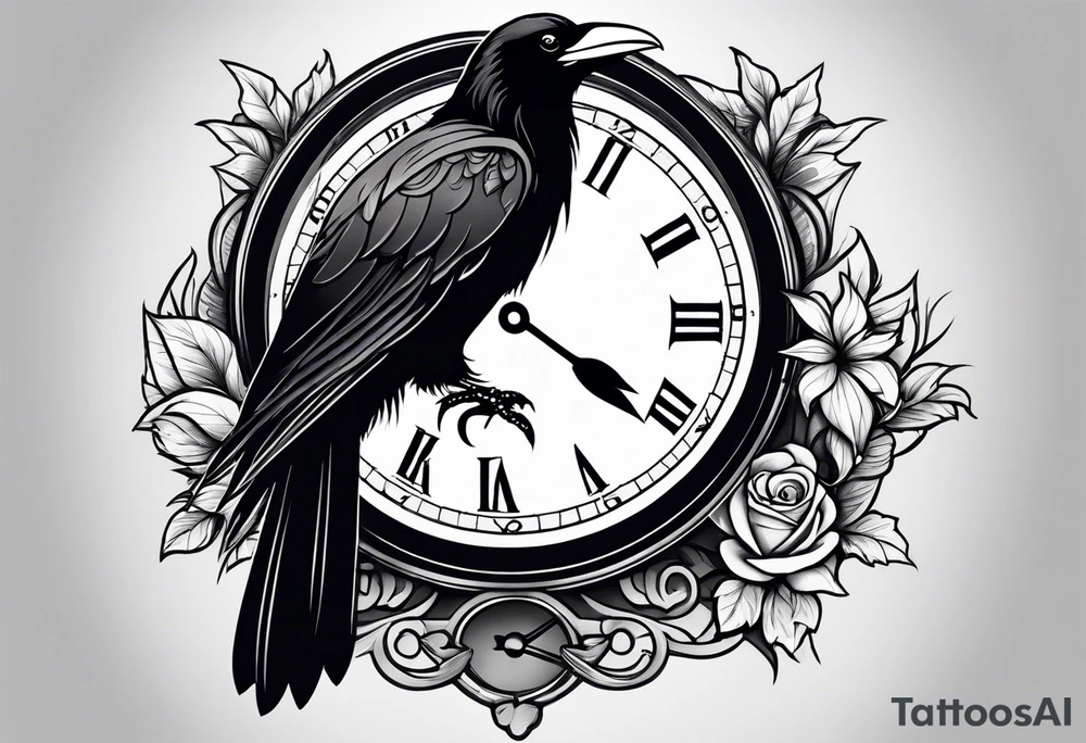 raven perched on clock tattoo idea