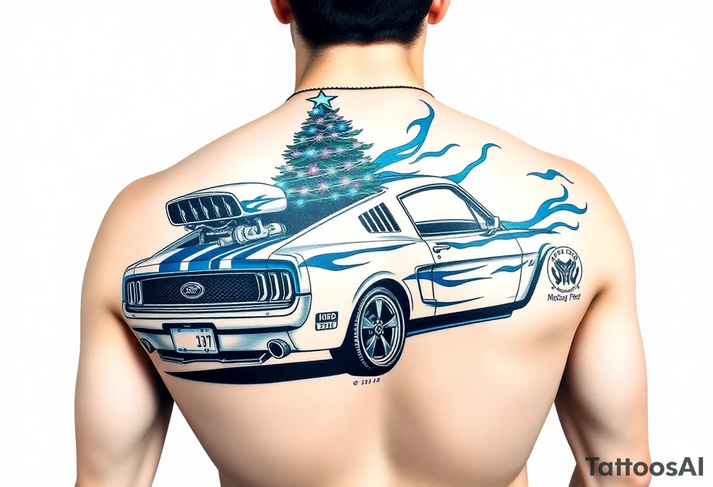 Blue flames, drag racing christmas tree, garrett turbo, nitrous purge, procharger, procomp ultra-lite at 8200rpm, ford racing, ford performance, fox body mustang with 17 in wheels, ford blue tattoo idea
