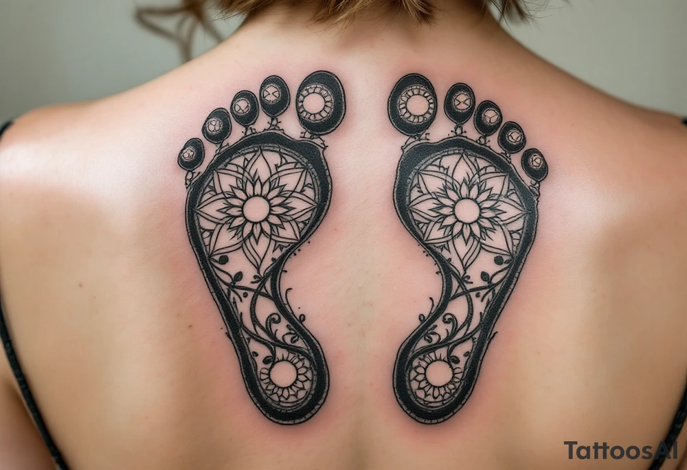 Footprints of the Buddha – Two footprints with sacred markings like dharma wheels or lotus flowers inside them. tattoo idea