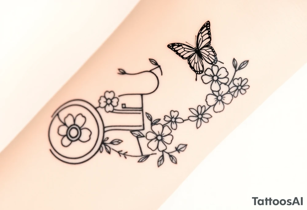 A small feminine tractor with flowers and butterfly tattoo idea