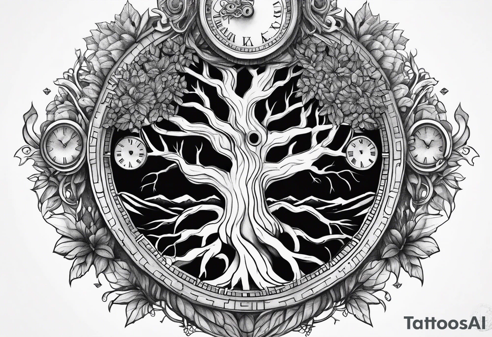 Yggdrasil with an old watch face behind it tattoo idea