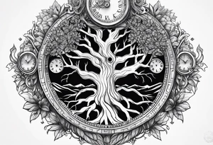 Yggdrasil with an old watch face behind it tattoo idea