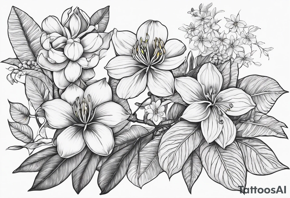 Half-sleeve flowers endemic to the Philippines such as Ylang Ylang, Jade vine, Anahaw leaf, do not use Sampaguita. Crawling like wildflowers on arms. Include batik texture and peranakan tile tattoo idea