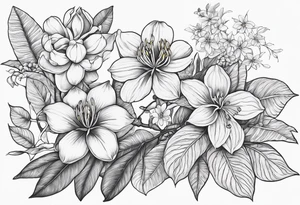 Half-sleeve flowers endemic to the Philippines such as Ylang Ylang, Jade vine, Anahaw leaf, do not use Sampaguita. Crawling like wildflowers on arms. Include batik texture and peranakan tile tattoo idea