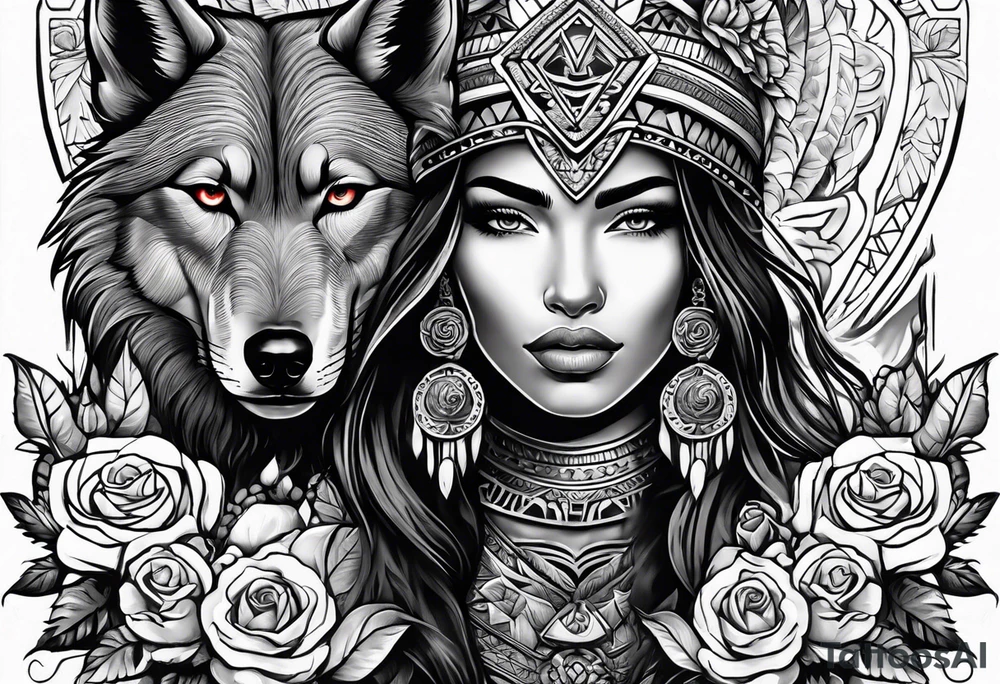 Armored Aztec woman woman with a wolf and a cored rose tattoo idea