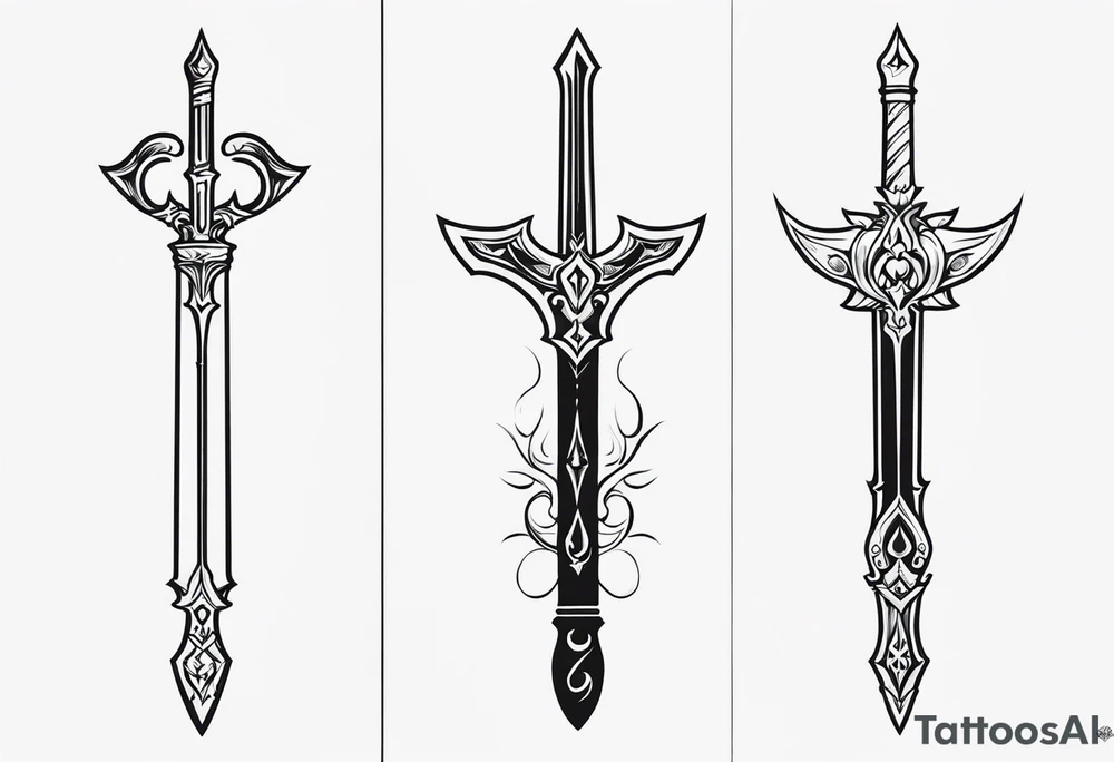 A classy sketch of the Master Sword standing upright, with subtle, delicate symbols of the elements—flame, water droplet, leaf, and wind swirl—integrated into the blade and hilt tattoo idea