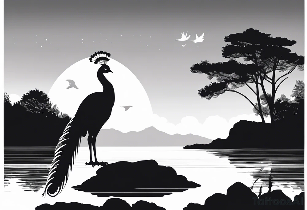 Black and white silhouette illustration of a serene lakeside setting with a peafowl standing on rocky terrain. The peafowl's silhouette is elegant and detailed, with its tail and feathers fanned out. The lake is depicted as a smooth surface, reflecting the silhouette of the peafowl and abstract cloud shapes in the sky. The sky above is minimalistic, with soft, flowing lines representing clouds. The overall composition is peaceful, with the peafowl and its reflection standing out against the stark contrast of the black-and-white design. tattoo idea