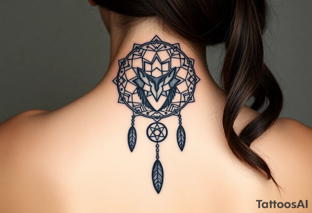 Dreamcatcher with zodiac symbols and protection runes caught in it with wolf teal tattoo idea
