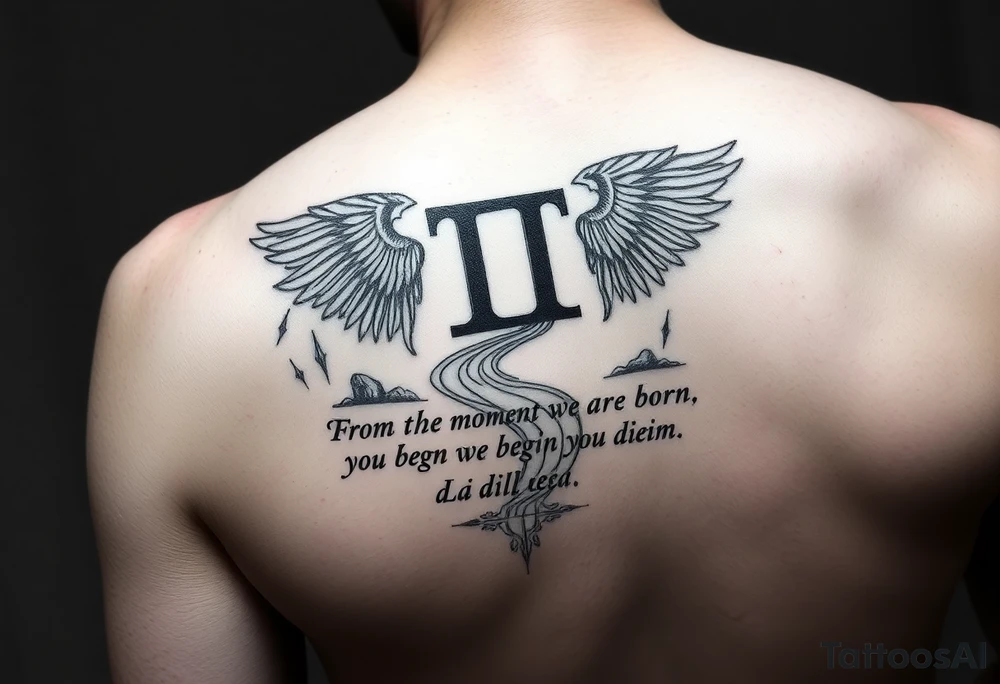 Incorporate the gemini symbol with a river and the words from the moment we are born we begin to die in Latin tattoo idea