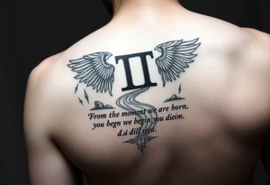 Incorporate the gemini symbol with a river and the words from the moment we are born we begin to die in Latin tattoo idea