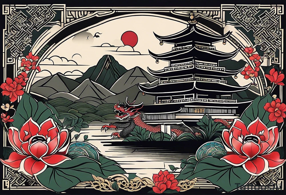 A black Vietnamese tattoo design featuring intricate depictions of sacred animals like the dragon and turtle intertwined with majestic mountains and lush rice fields. Incorporate iconic elements such as the conical straw hat floating above, surrounded by blooming lotus flowers and traditional silk lanterns. The tattoo reflects the essence of Vietnam's breathtaking nature, with swirling mist and flowing water elements woven into the composition, merging traditional artistry with a modern flair. Use a color palette that evokes the lush greens of the countryside and the warm tones of sunset. tattoo idea
