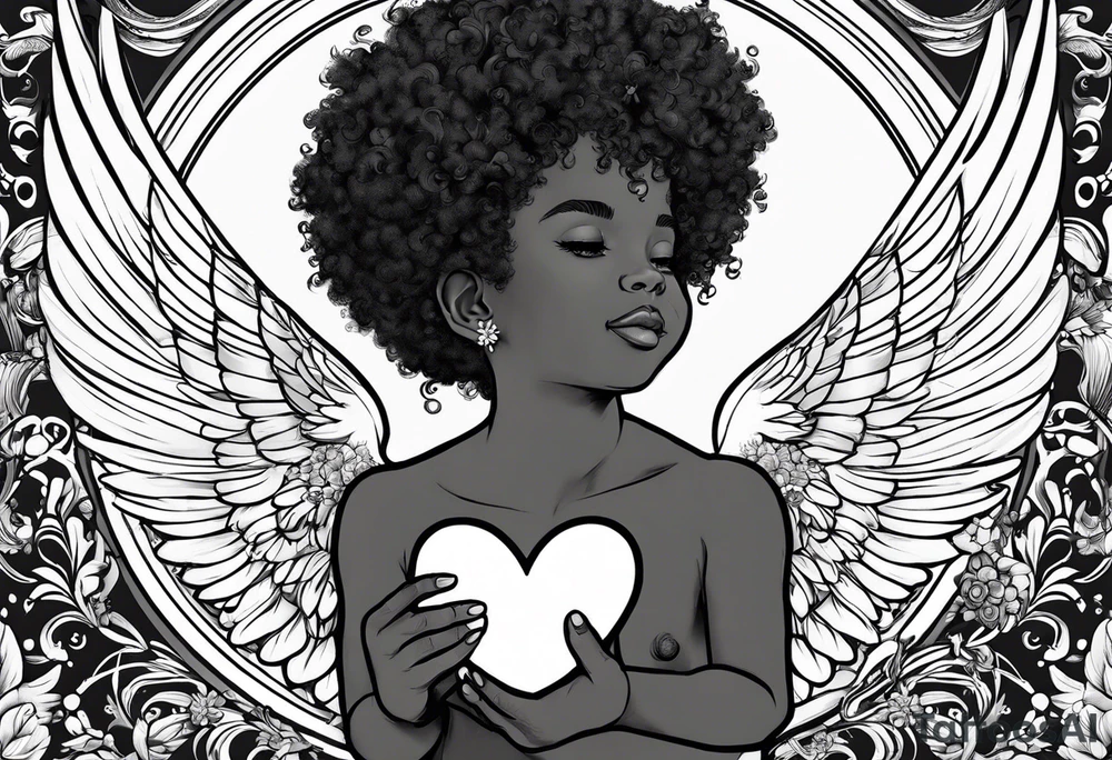 Baby Afro/metiss Angel holding heart, side way flying with name Leah. For chest tattoo on left pec tattoo idea