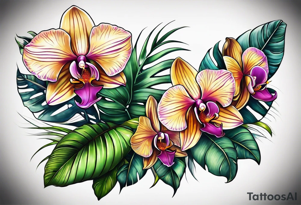 Tropical plants and orchids full sleeve tattoo idea