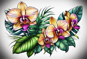 Tropical plants and orchids full sleeve tattoo idea