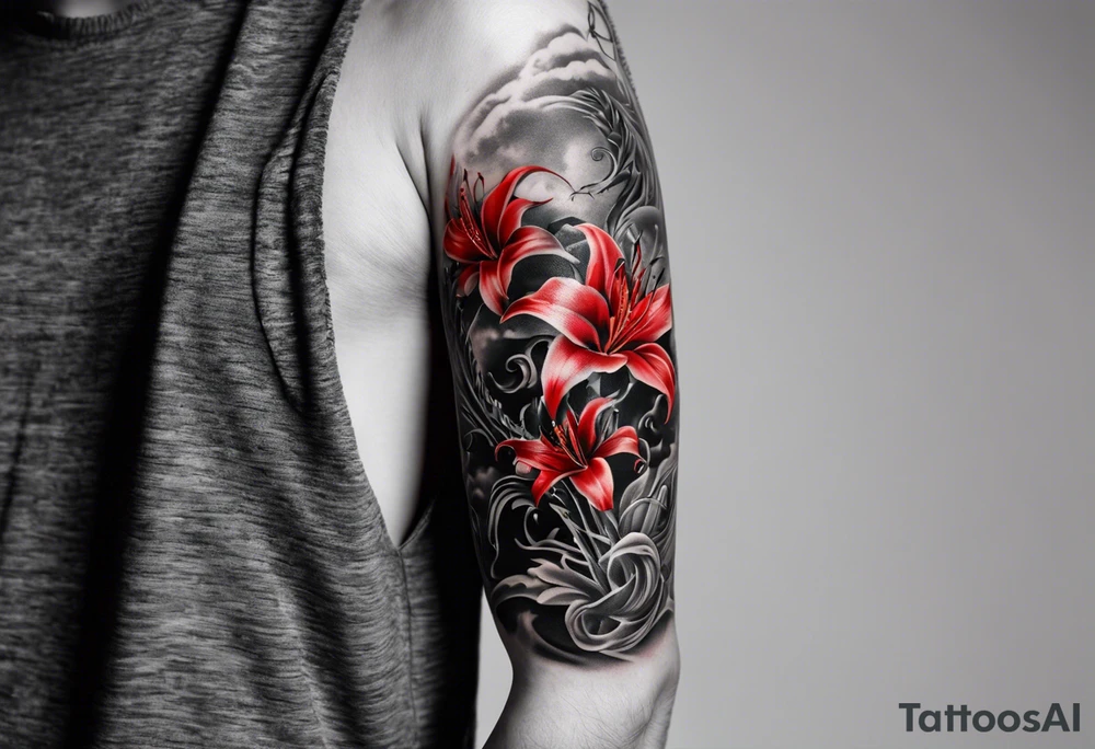 Arm Tattoo Black and white dragon as the focus. Red spider lillies as the background. Lightning. The words “ Νεχ ποσσυμ τεχυμ ωιωερε, νεχ σινε τε” tattoo idea