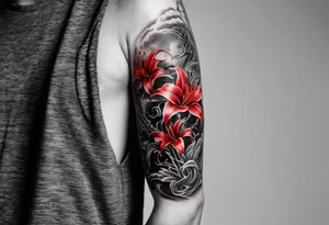 Arm Tattoo Black and white dragon as the focus. Red spider lillies as the background. Lightning. The words “ Νεχ ποσσυμ τεχυμ ωιωερε, νεχ σινε τε” tattoo idea