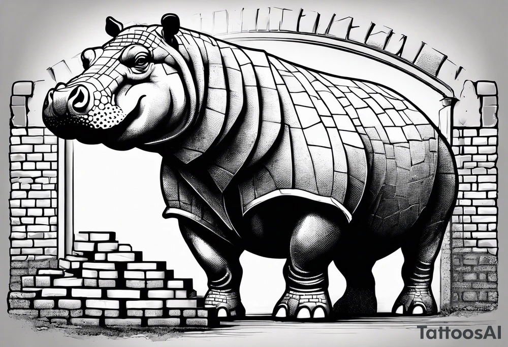 Hippopotamus standing upright and laying bricks onto a partially built brick wall tattoo idea