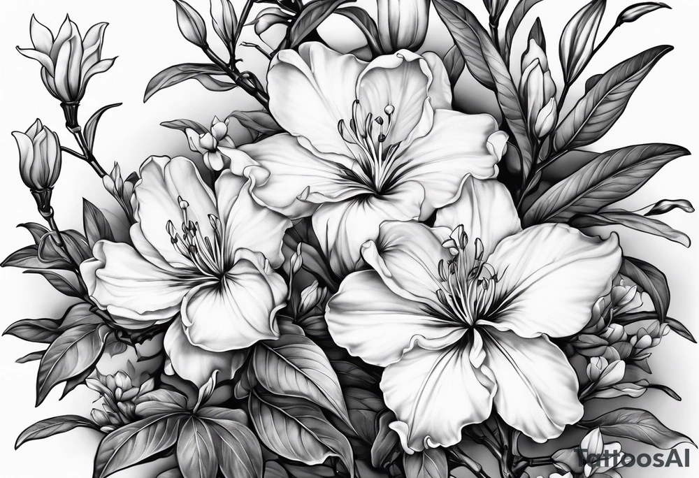 5-petal azaleas with buds along a long branch tattoo idea