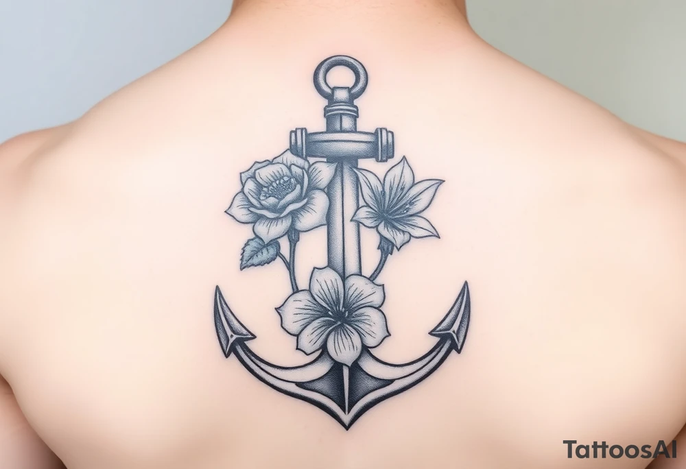 anchor with a rose, a lily and a hydrangea add color tattoo idea