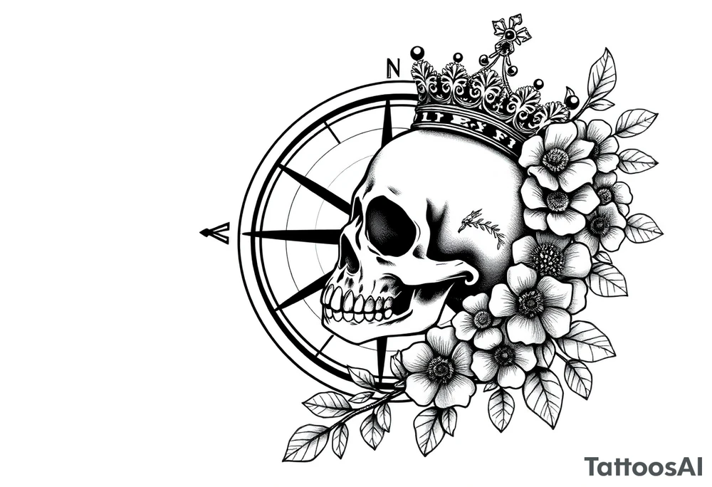 Compass with detailed beautiful gothic boho flowers on vine and skull with gorgeous crown tattoo idea