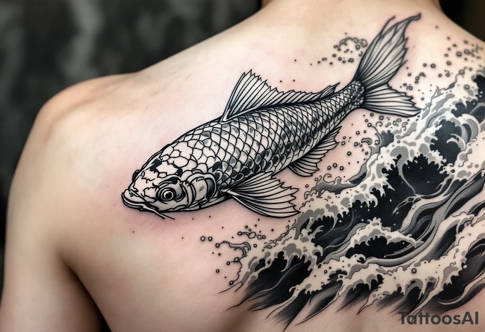 traditional koi fish swimming upstream through turbulent waves tattoo idea
