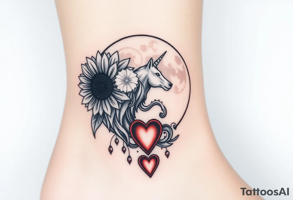 Cresent moon
 with sunflower, wolf, Harry potter, star wars, unicorn, fire heart all in one tattoo idea