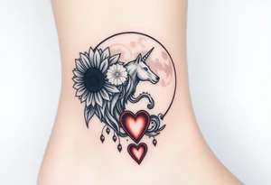 Cresent moon
 with sunflower, wolf, Harry potter, star wars, unicorn, fire heart all in one tattoo idea