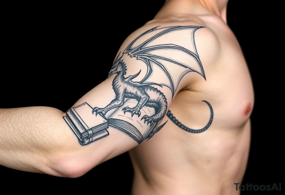 arm sleeve, fantasy, incorporates existing small tattoo of a dragon flying out of a book located just above the back of the elbow, Dungeons and Dragons, Warcraft, Lord of the Rings,Forgotten Realms tattoo idea