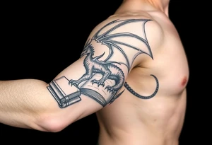 arm sleeve, fantasy, incorporates existing small tattoo of a dragon flying out of a book located just above the back of the elbow, Dungeons and Dragons, Warcraft, Lord of the Rings,Forgotten Realms tattoo idea