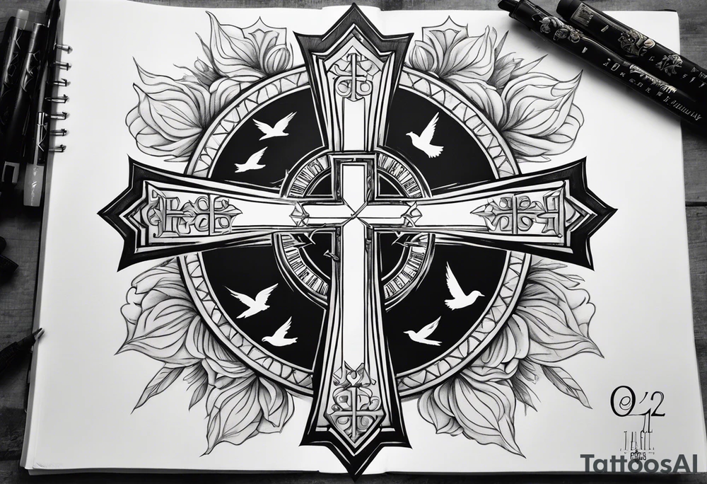 A Cross with doves in the rays of sun with the date 08/21/2024 in Roman numerals in it with Bible verse
Jeremiah 29:11 tattoo idea