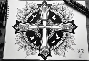 A Cross with doves in the rays of sun with the date 08/21/2024 in Roman numerals in it with Bible verse
Jeremiah 29:11 tattoo idea