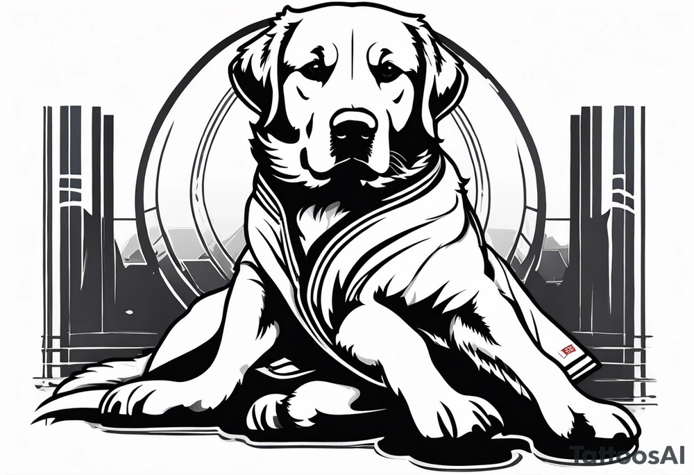 a golden retriever in a jujitsu gi including belt full body view tattoo idea