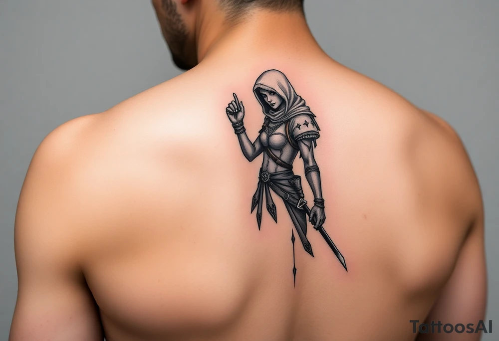 Assassin girl, standing from side with one raised hand tattoo idea