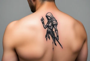 Assassin girl, standing from side with one raised hand tattoo idea