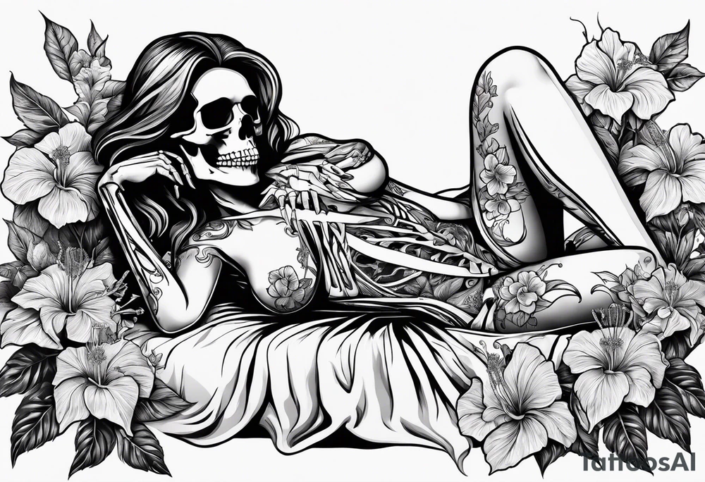 a  female skeleton of bones laying in a bed surrounded by hibiscus flower. tattoo idea