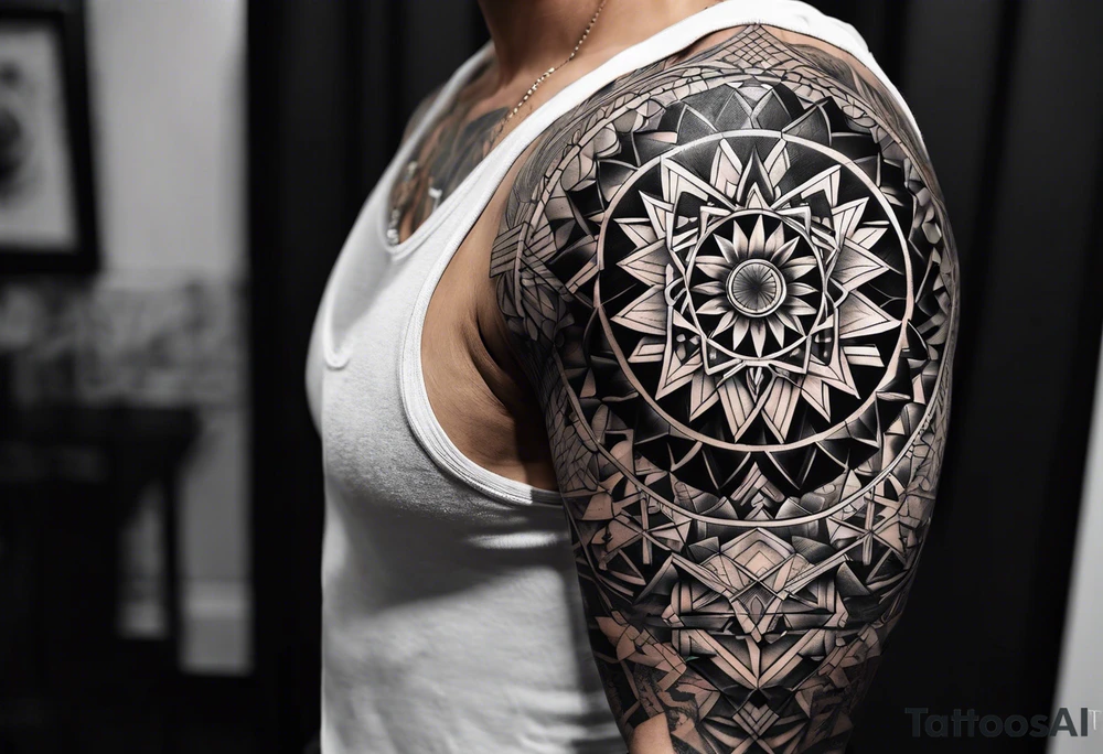 full sleeve tattoos for men with sacred geometry mixed tropical theme going from left chest to left hand. tattoo idea
