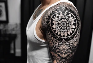 full sleeve tattoos for men with sacred geometry mixed tropical theme going from left chest to left hand. tattoo idea