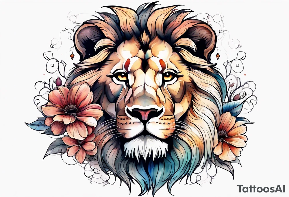 Lion with flowers and a crescent moon on forehead tattoo idea