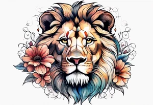 Lion with flowers and a crescent moon on forehead tattoo idea