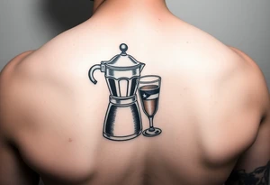 A simple stovetop espresso maker with a Dominican flag, tipped to pour coffee into a small Cuban coffee glass with a Cuban flag. Using shading to make the tattoo pop. tattoo idea